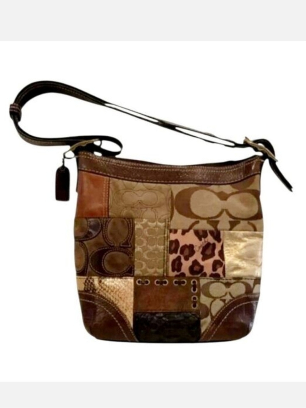 Vintage Coach Animal Print Patchwork Suede, Leather, Canvas & Velvet Hobo Bag - Picture 2 of 15